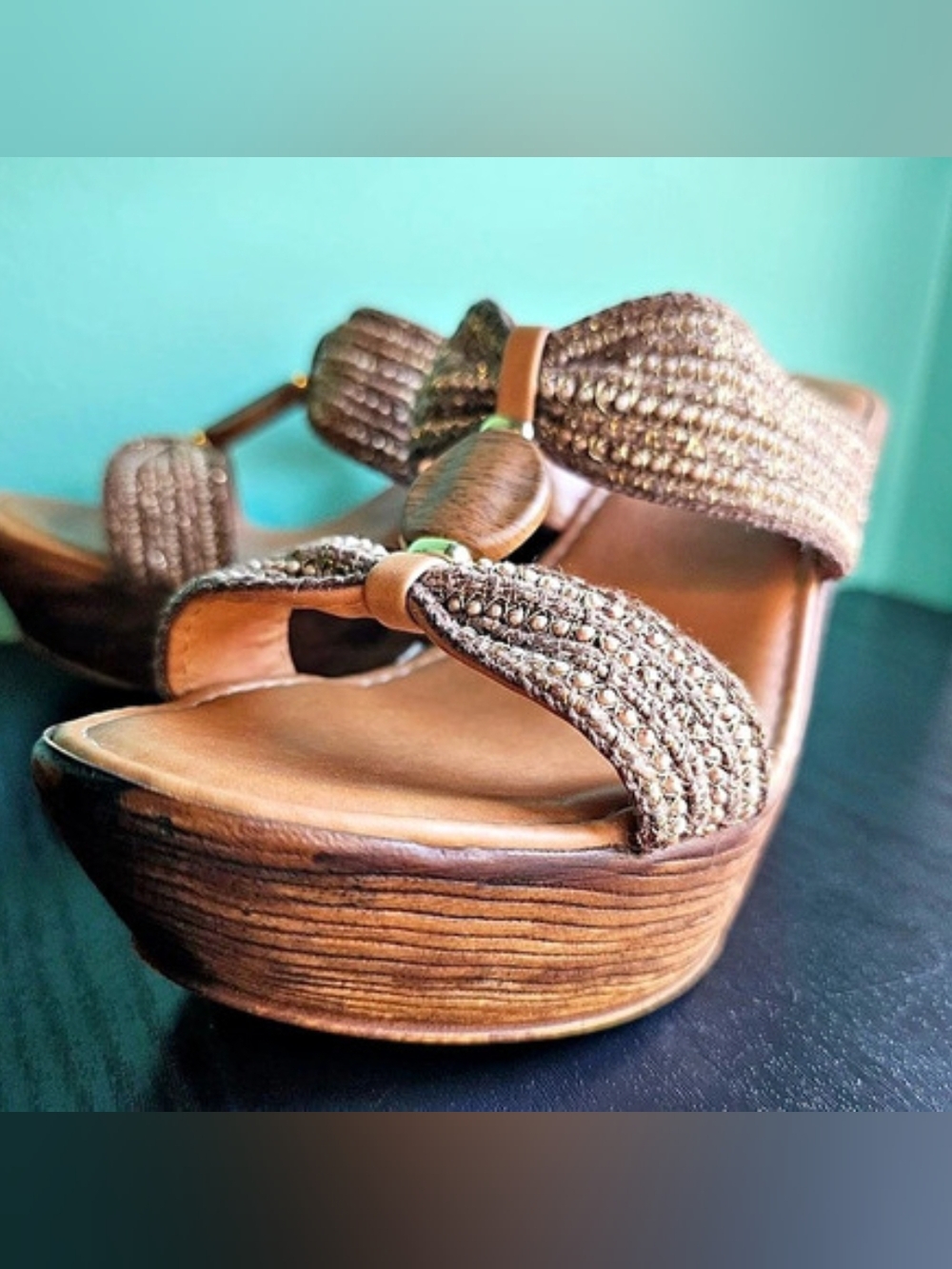 New Directions Embellished Wooden Wedge Boho Sandals in Brown & Gold EU 38 U.S.